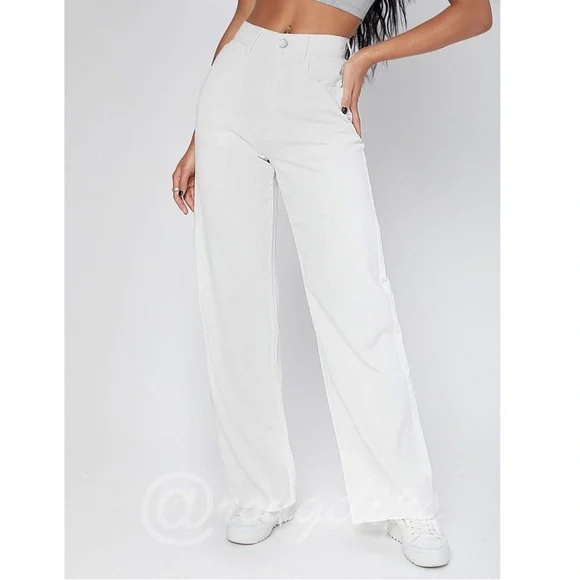 90s Style White Wide Leg Jeans High Waist Raw Hem - Picture 1 of 15